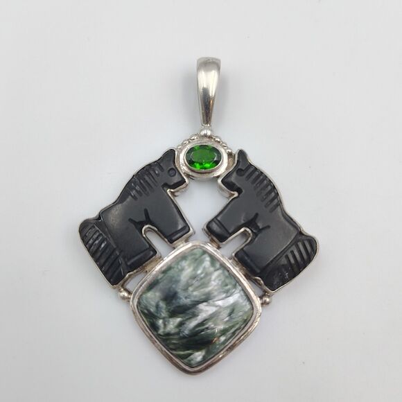 Vintage Sajen Sterling Silver 925 Carved Horse Onyx Seraphinite Peridot Pendant - Picture 2 of 14